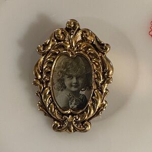 Vintage Gold Tone Ornate Brooch with Child Portrait